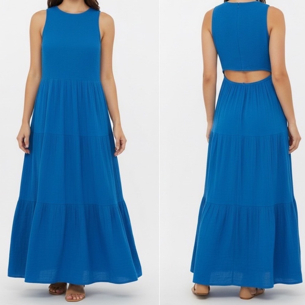 ME+EM Blue Textured Smocked Tiered Gauze Maxi Dress Cutout Back‎ Size US 12